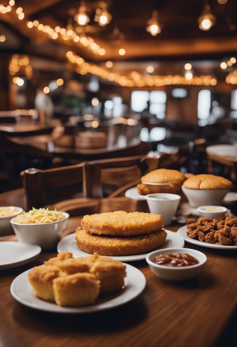 A table set with 10 iconic Southern comfort foods, including fried chicken, cornbread, and pecan pie, in a cozy Waco, Texas restaurant