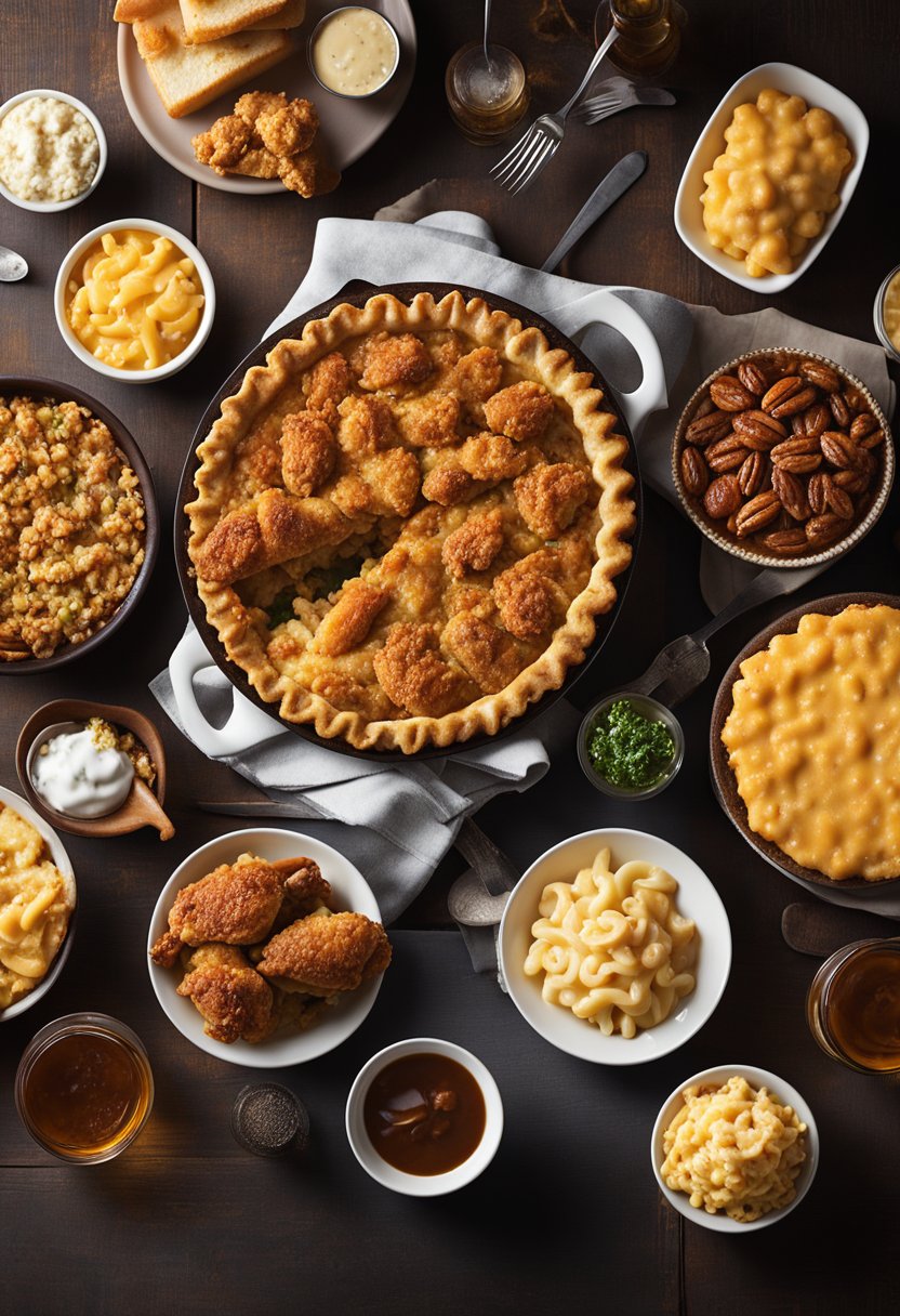 A table spread with 10 iconic Southern comfort foods, including fried chicken, mac and cheese, and pecan pie, set against a backdrop of Waco, Texas