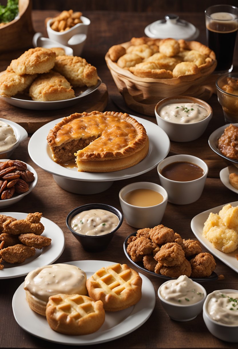 A table spread with 10 iconic Southern comfort foods, including fried chicken, biscuits and gravy, and pecan pie, all set against a backdrop of Waco, Texas