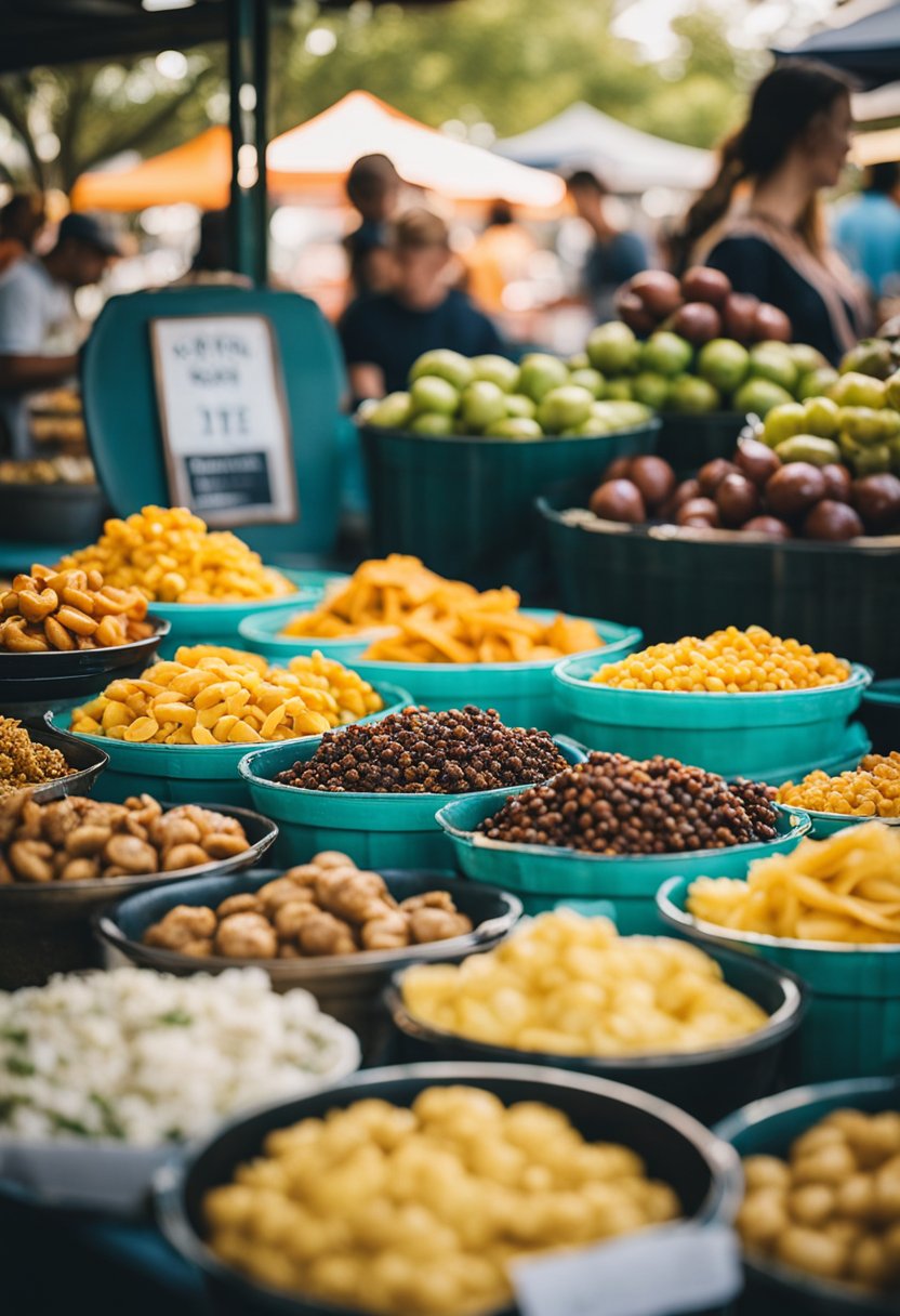 A vibrant outdoor market with colorful food stalls selling a variety of delicious Southern comfort foods in Waco, Texas