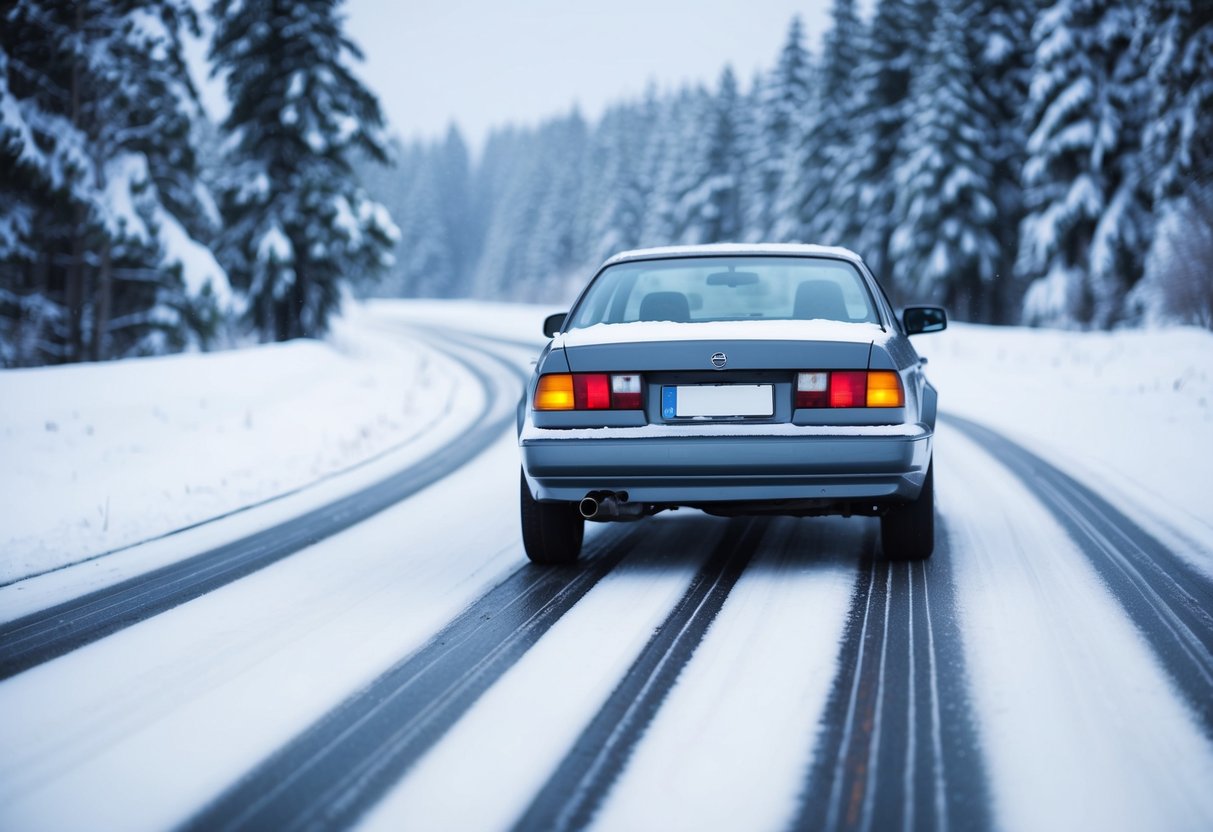 En bil som kör på en snöig väg med synliga däckspår och snötäckta träd i bakgrunden