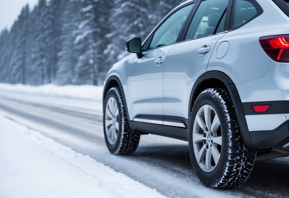 En bil som kör på en snöig väg med vinterdäck, vilket visar förbättrad dragkraft och stabilitet jämfört med andra typer av däck.