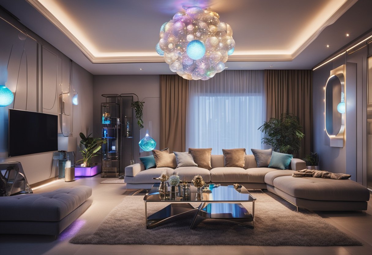 A cozy living room adorned with holographic ornaments, metallic accents, and futuristic LED lights