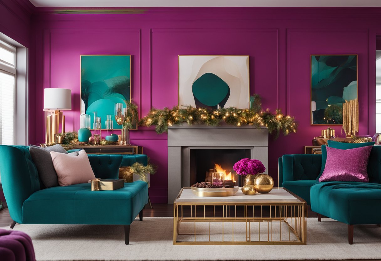 Vibrant hues of magenta, teal, and gold adorn a festive living room, with metallic accents and natural textures creating a modern yet cozy holiday atmosphere