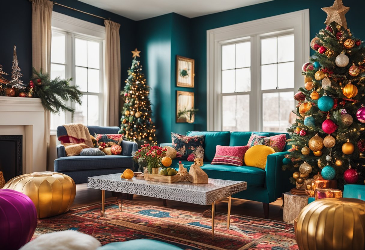 A vibrant, eclectic mix of retro and maximalist holiday decorations fills a cozy living room, with bold patterns, bright colors, and an array of vintage-inspired ornaments and accents