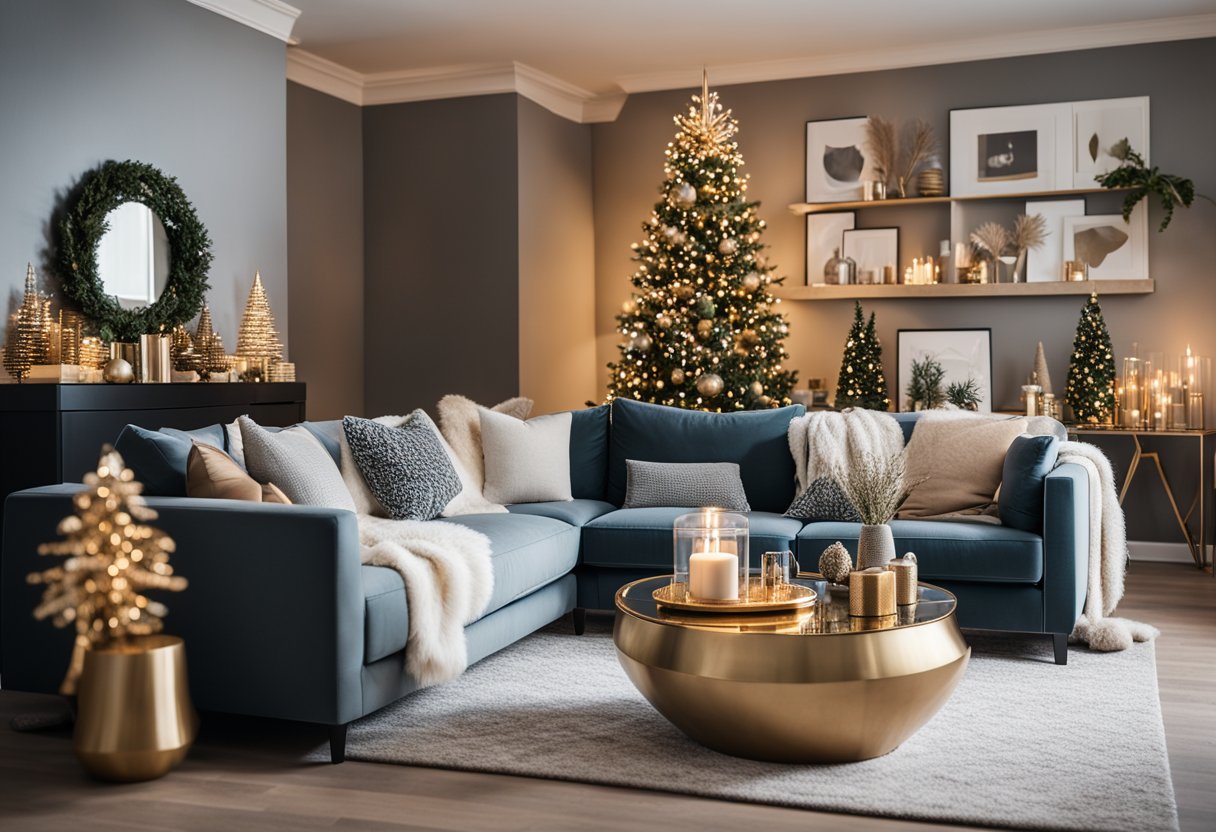 A cozy living room adorned with modern holiday decor reflecting the 2024 trends, including metallic accents, geometric shapes, and minimalist designs