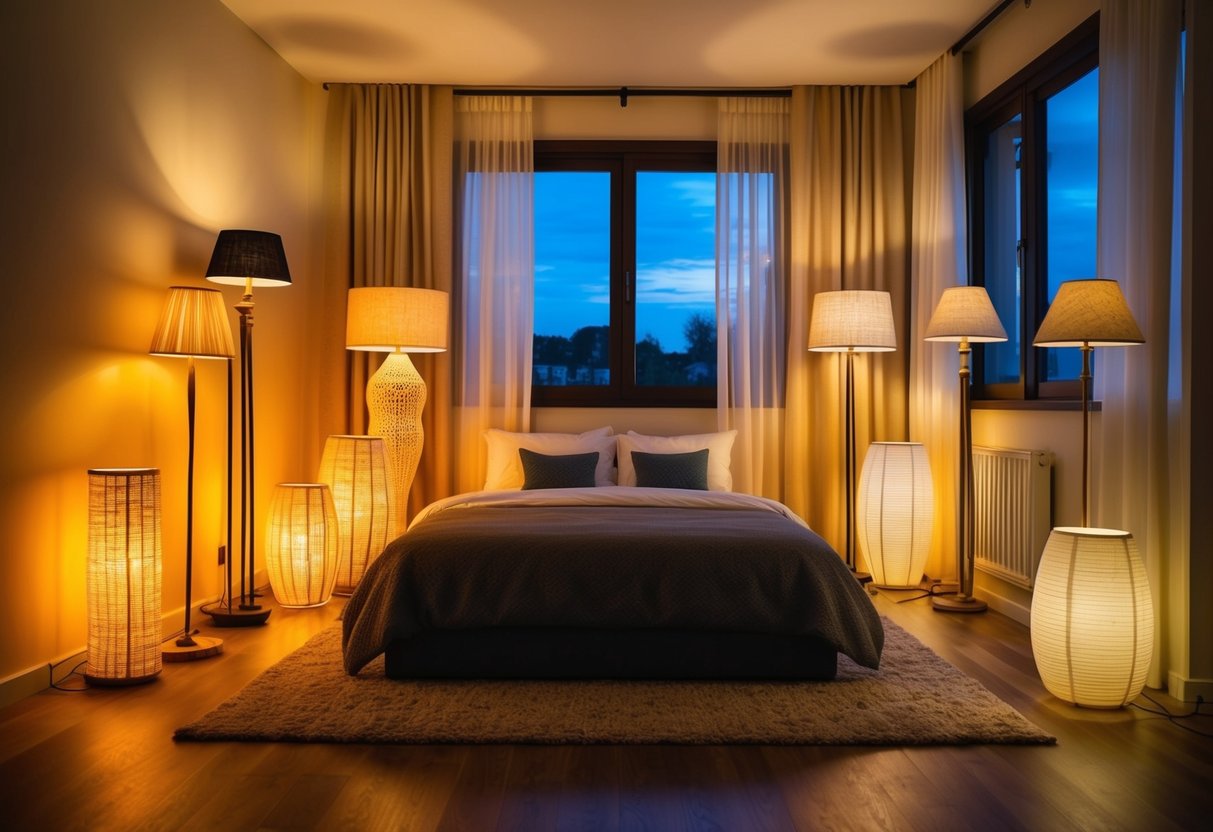 A cozy bedroom with a variety of floor lamps illuminating the space, casting warm and inviting light throughout the room