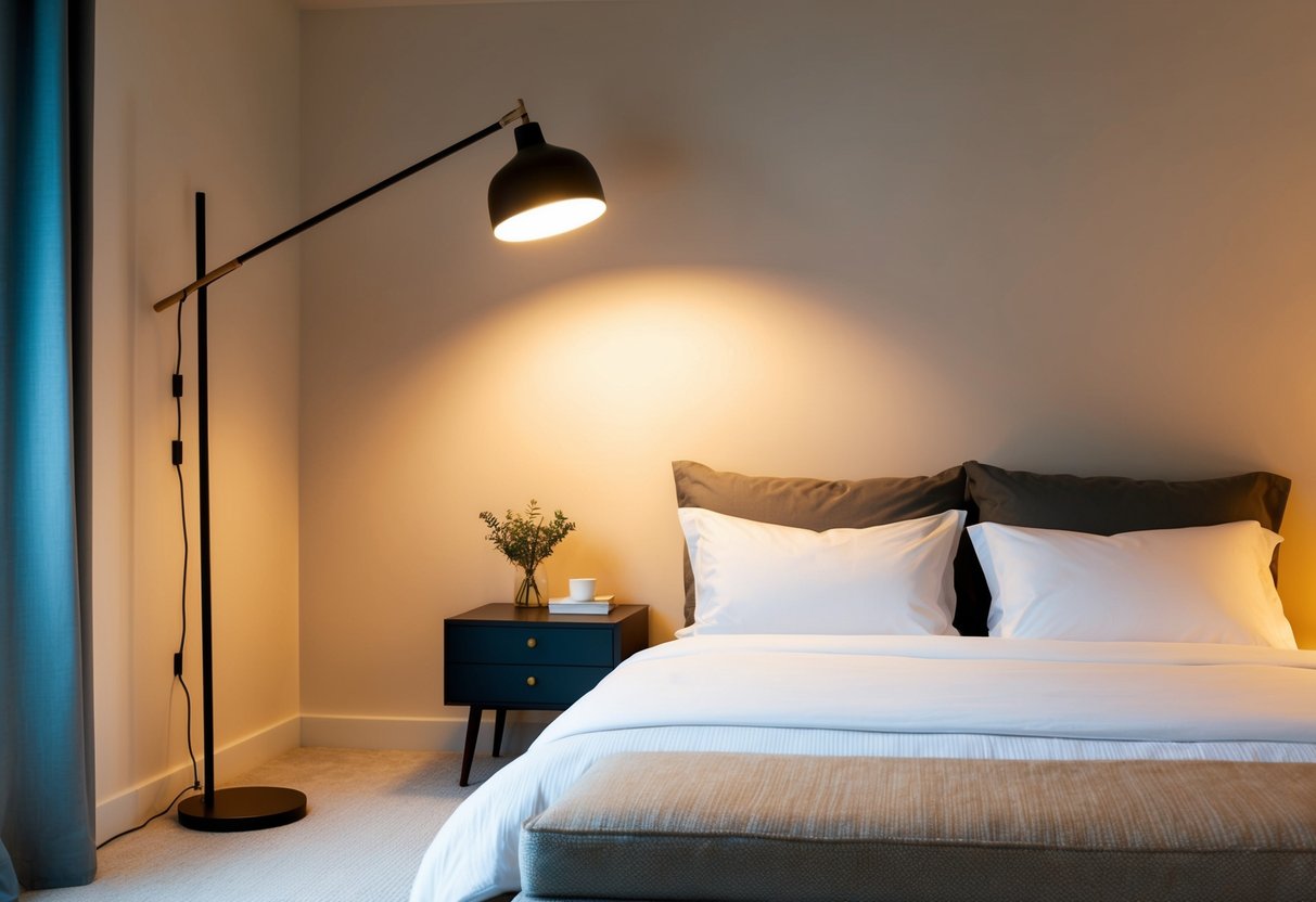 A cozy bedroom with a West Elm Overarching Floor Lamp casting a warm glow over a modern nightstand and comfortable bed