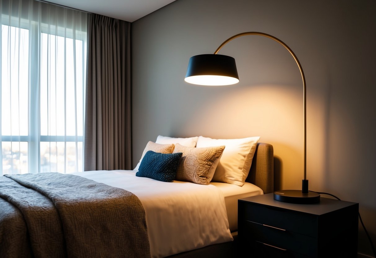 A cozy bedroom with a modern Adesso Trinity Arc Lamp illuminating the space, casting a warm glow over the stylish decor