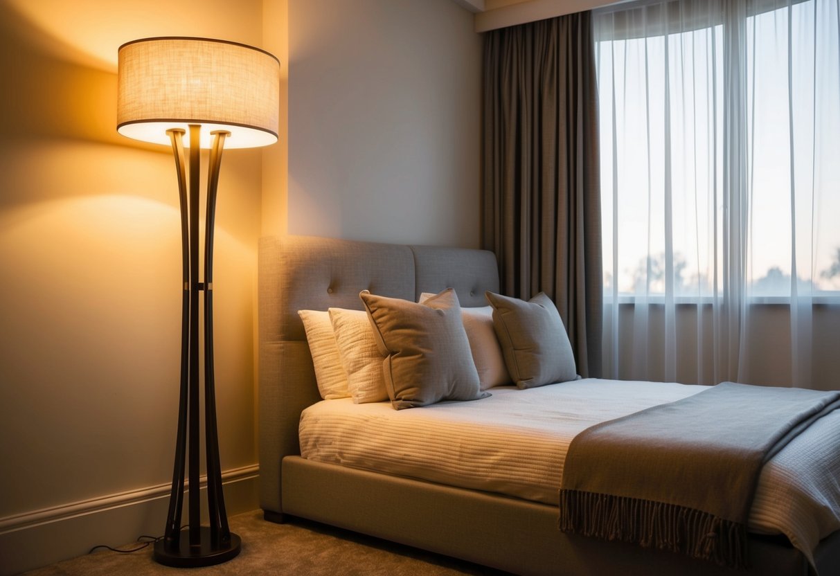 A cozy bedroom with a Pablo Cortina floor lamp casting a warm glow, creating a relaxing and inviting atmosphere