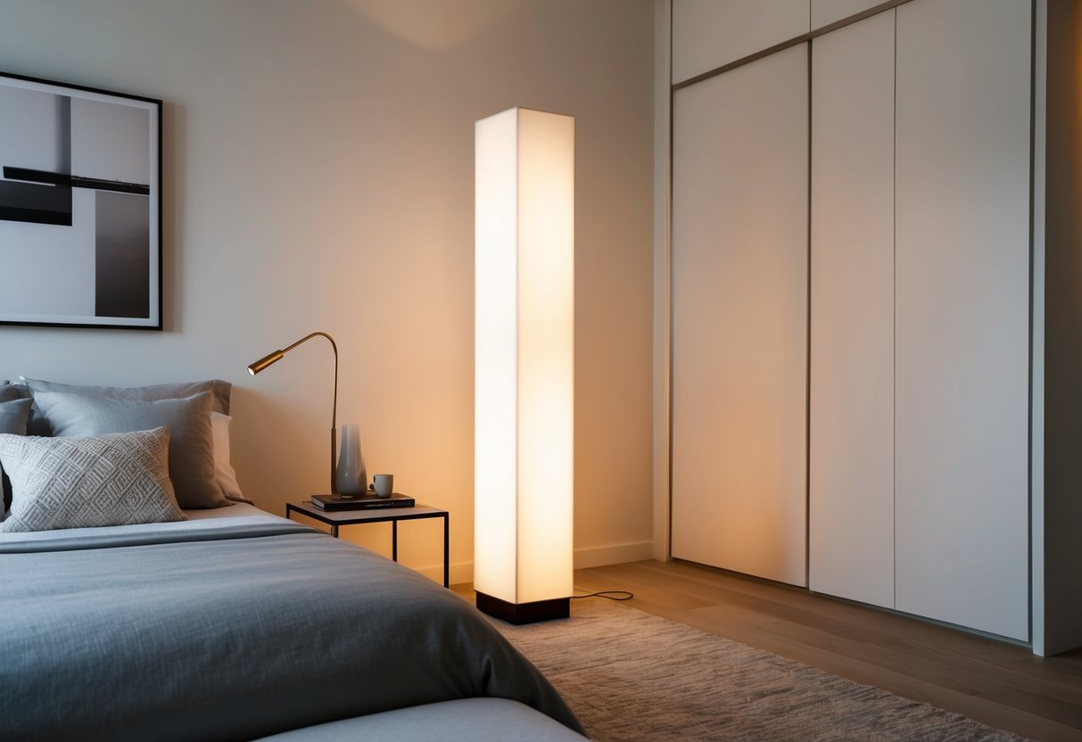 A modern bedroom with a CB2 Trio floor lamp casting a warm glow, surrounded by minimalist decor and clean lines