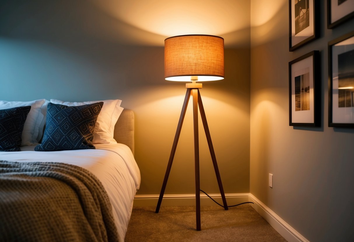 A cozy bedroom with a Lepower Wood Tripod Floor Lamp casting a warm glow, creating a relaxed and inviting atmosphere