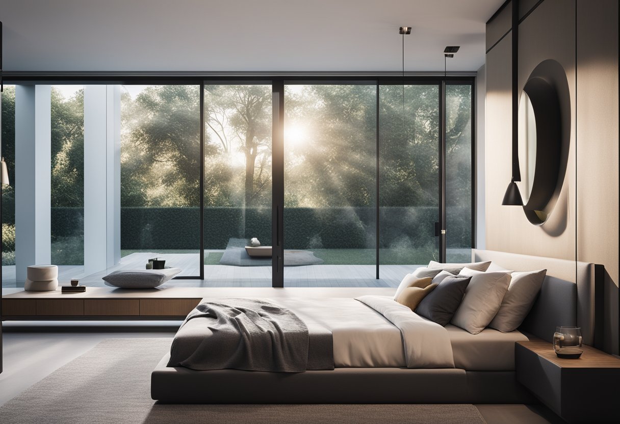 A sleek, minimalist bedroom with a floating bed, large windows, and high-tech gadgets