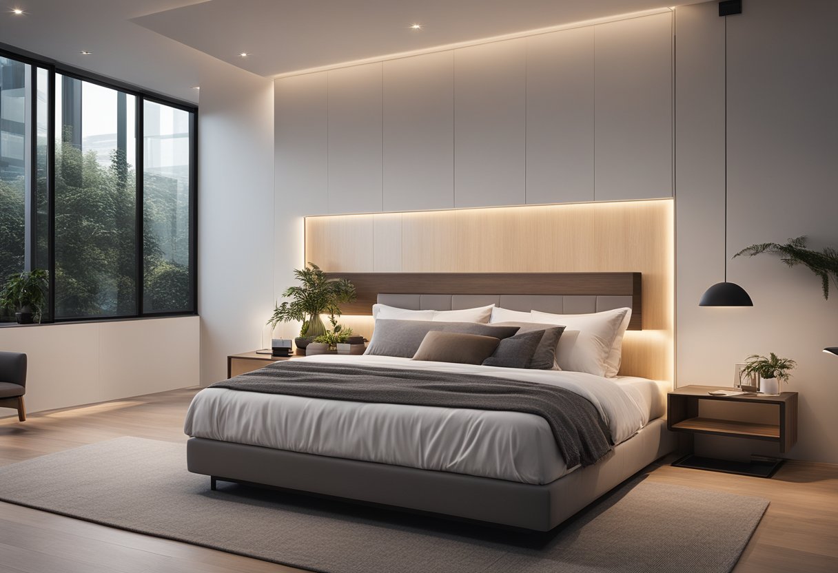 A sleek, minimalist bedroom with clean lines, integrated technology, and natural materials. A large, comfortable bed sits against a backdrop of smart lighting and smart home controls