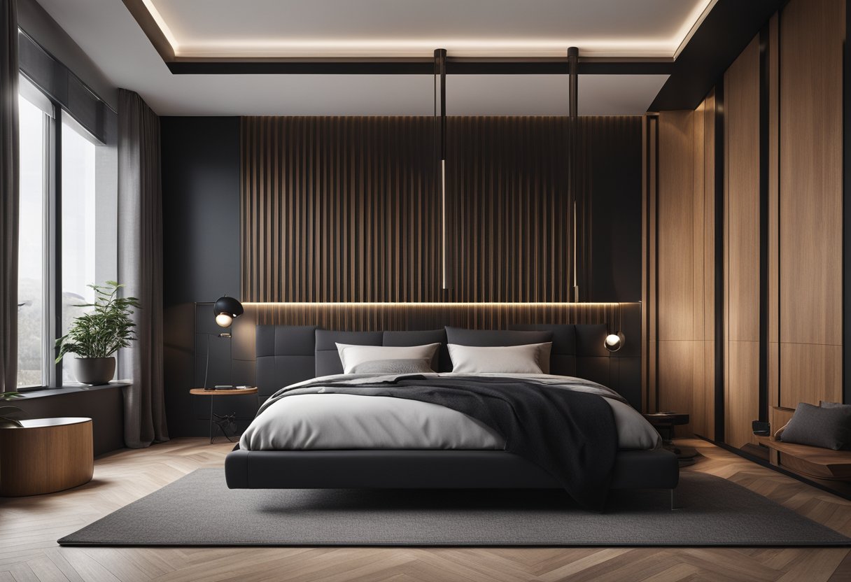 A sleek, minimalist bedroom with matte black and warm wood tones. Geometric patterns and metallic accents add a futuristic touch