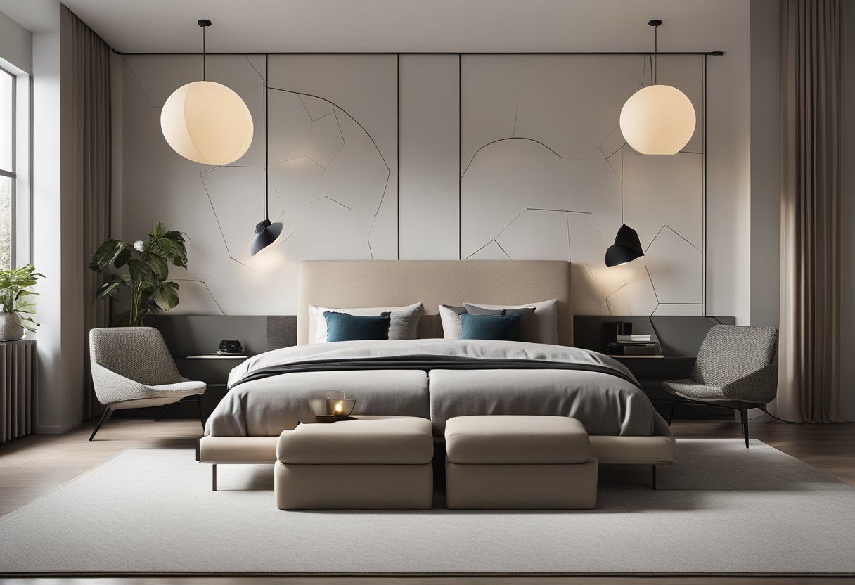 A sleek, minimalist bedroom with a platform bed, geometric wall art, and a statement lighting fixture. The color scheme is neutral with pops of bold accent colors