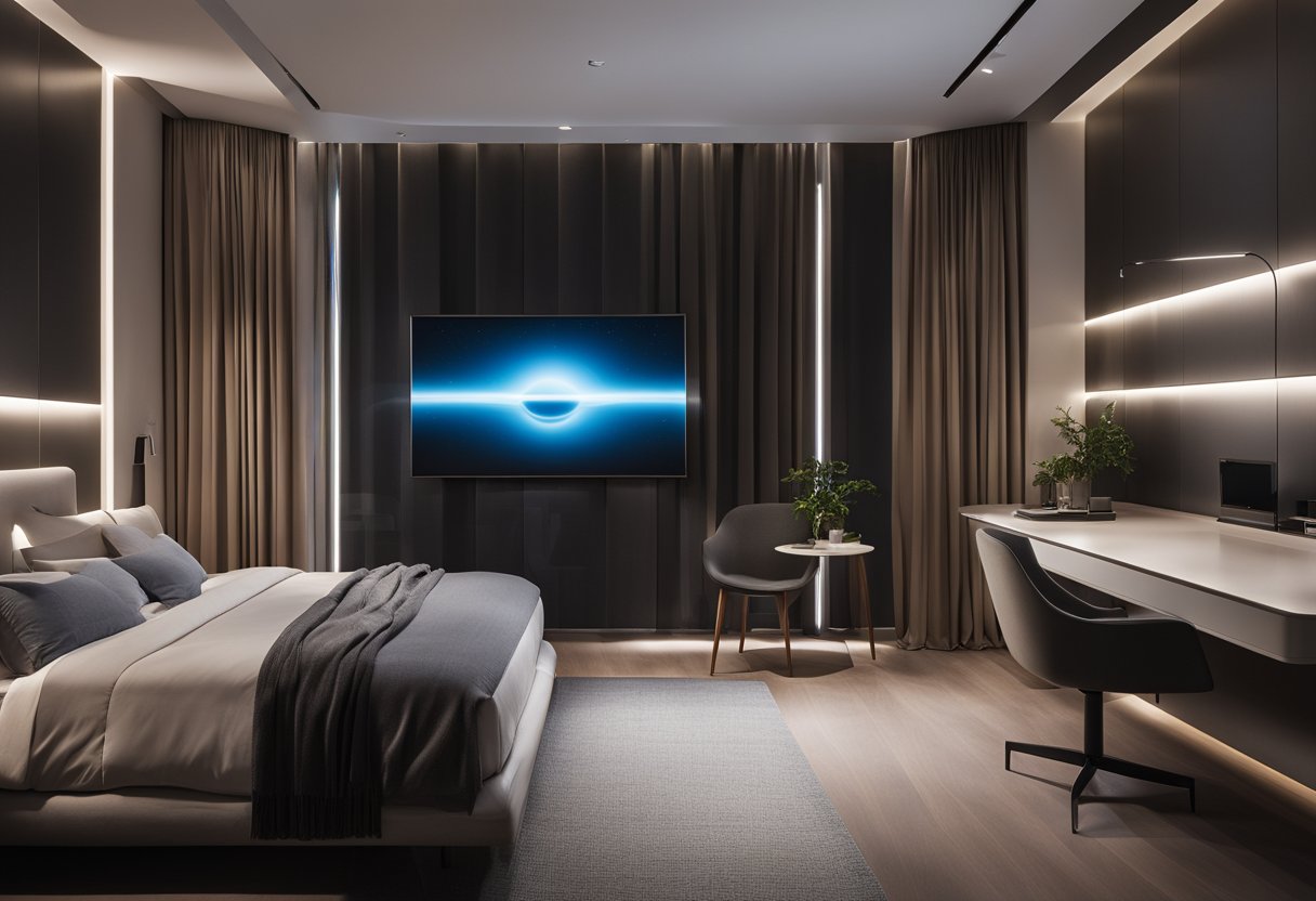 A sleek, minimalist bedroom with integrated technology. Smart lighting, automated curtains, and a wall-mounted digital interface