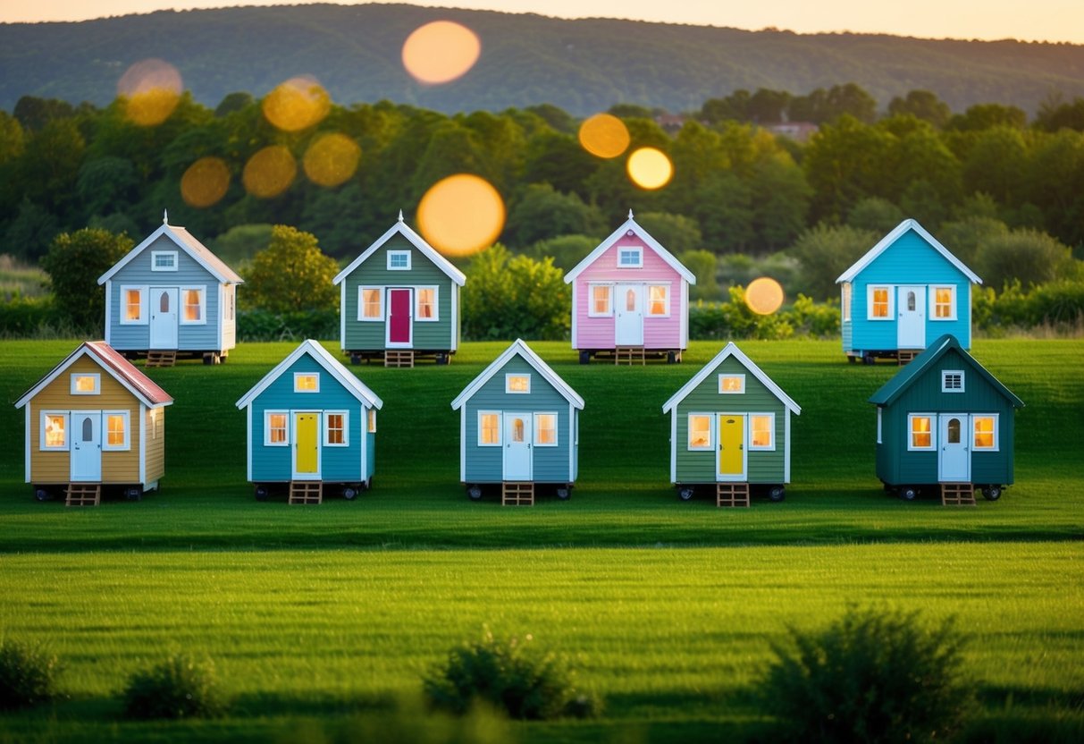 A cluster of 12 unique tiny houses nestled in a lush, green landscape, each with its own distinct design and color scheme