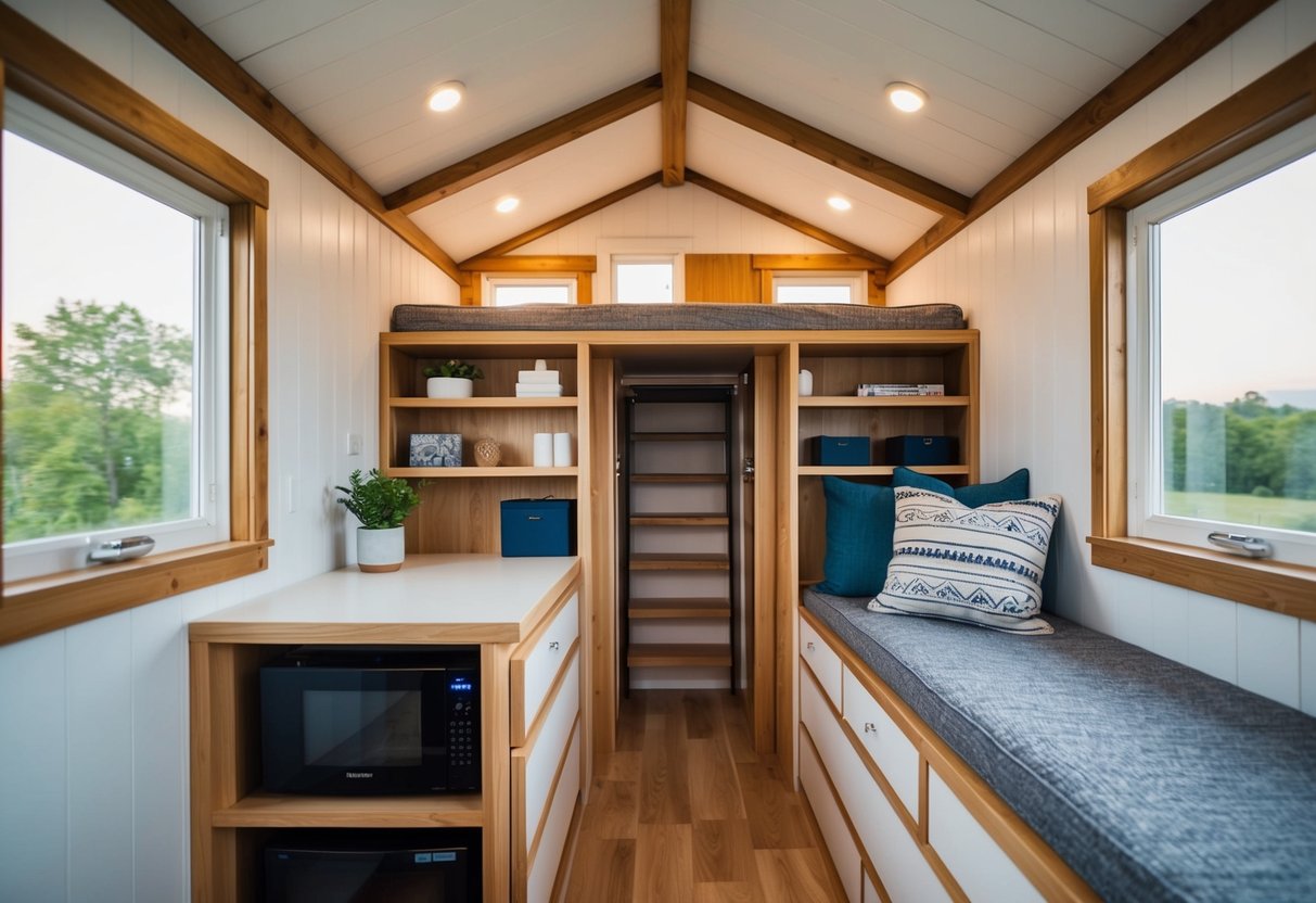 A cozy loft storage area in a tiny house with creative design ideas and space-saving solutions