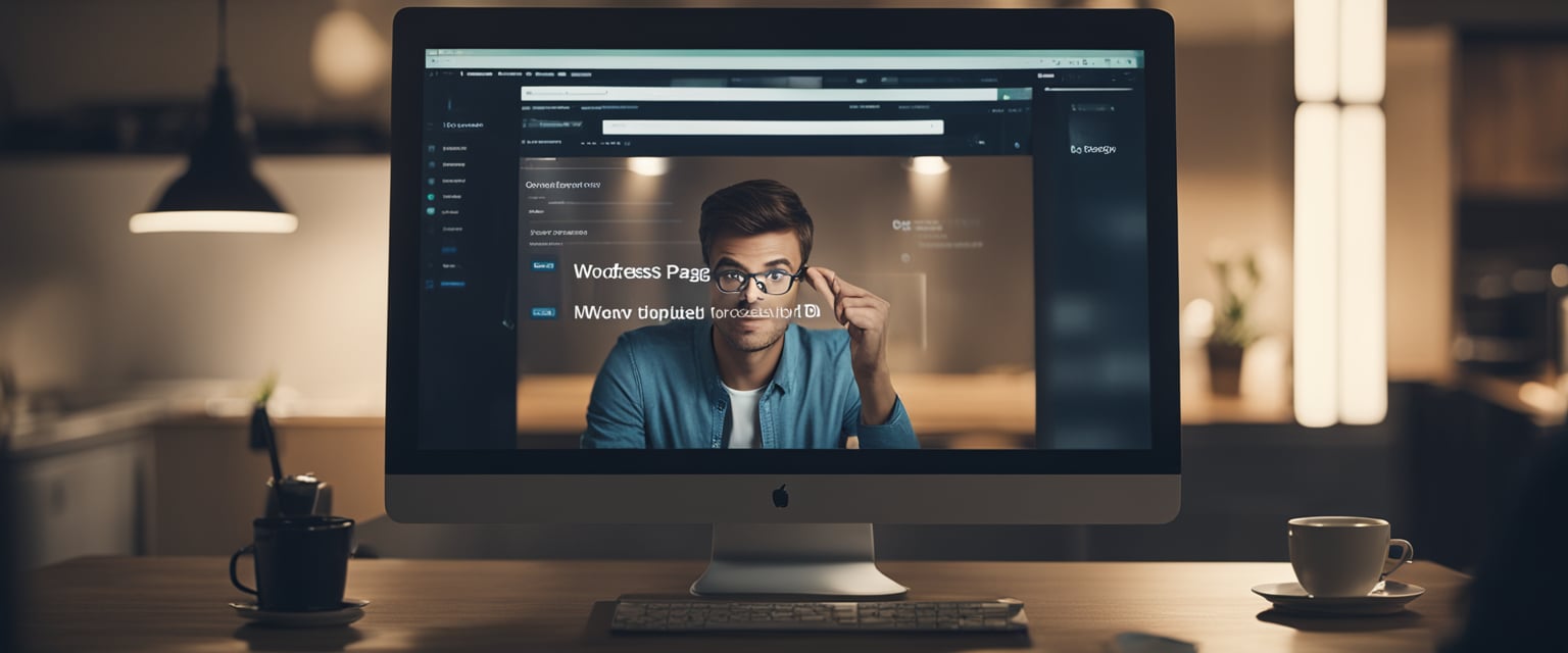 Eine frustrierte Person, die auf einen Computerbildschirm mit einer angezeigten WordPress-Anmeldeseite starrt, mit einem verwirrten Ausdruck im Gesicht.