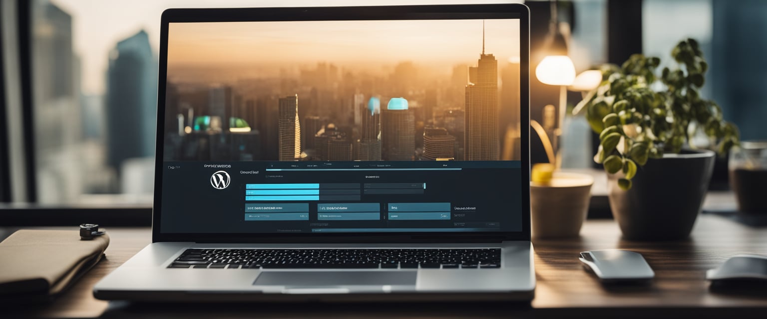 Ein Laptop, der ein WordPress-Dashboard mit einer Fortschrittsanzeige zeigt, während eine Datenbank erstellt und heruntergeladen wird.