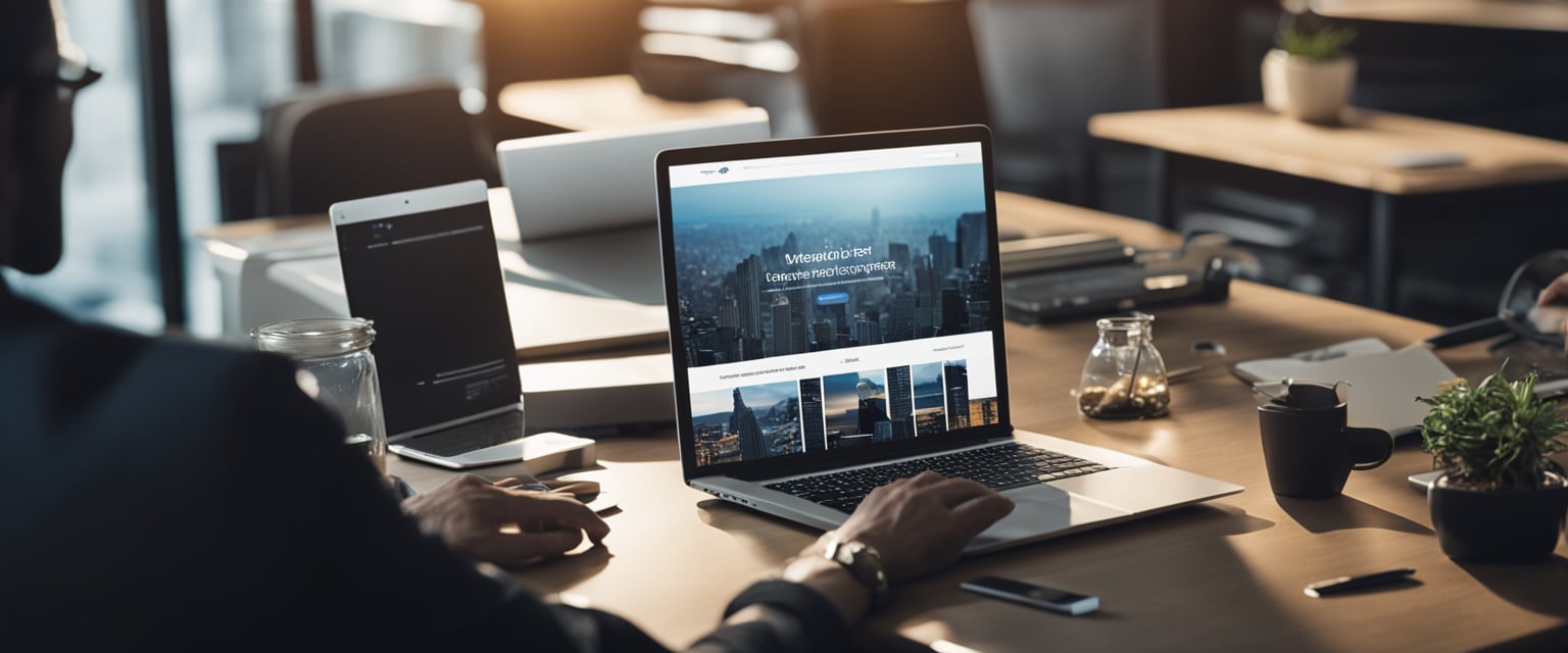 Eine Person, die an einem Schreibtisch sitzt und auf einem Laptop tippt, mit verschiedenen Website-Designelementen und Werkzeugen, die herumliegen.