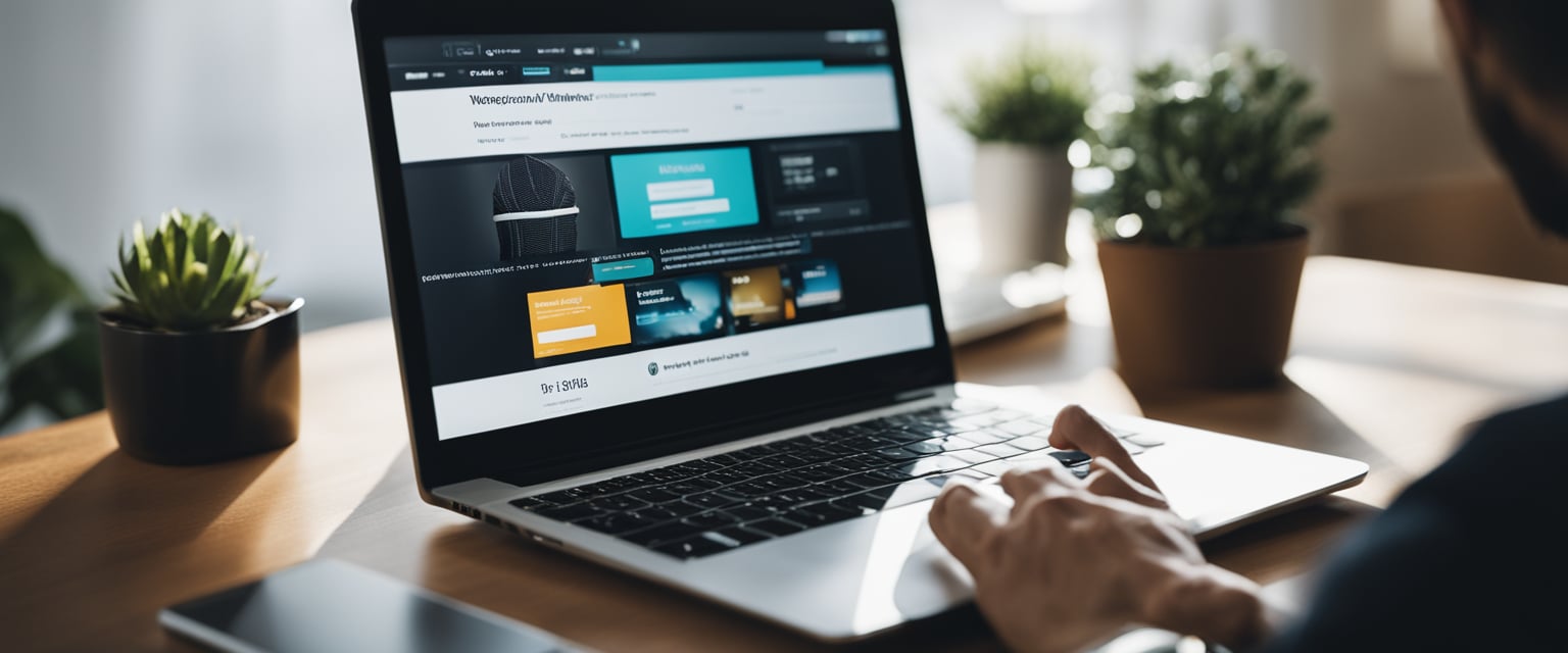 Eine Person wählt ein Thema aus und gestaltet eine WordPress-Website auf einem Computer.