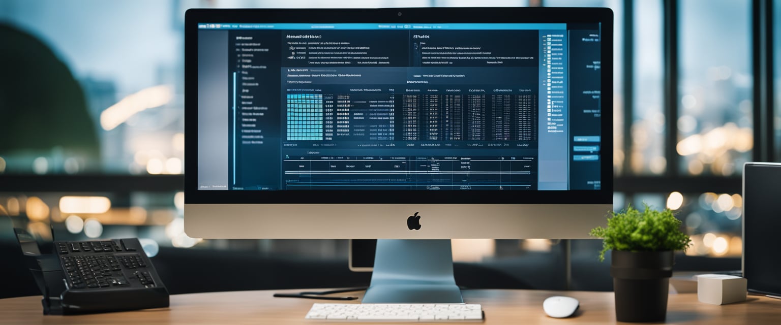 Ein Computerbildschirm, der eine WordPress-Website anzeigt, mit einer Server- und Netzwerkinfrastruktur im Hintergrund