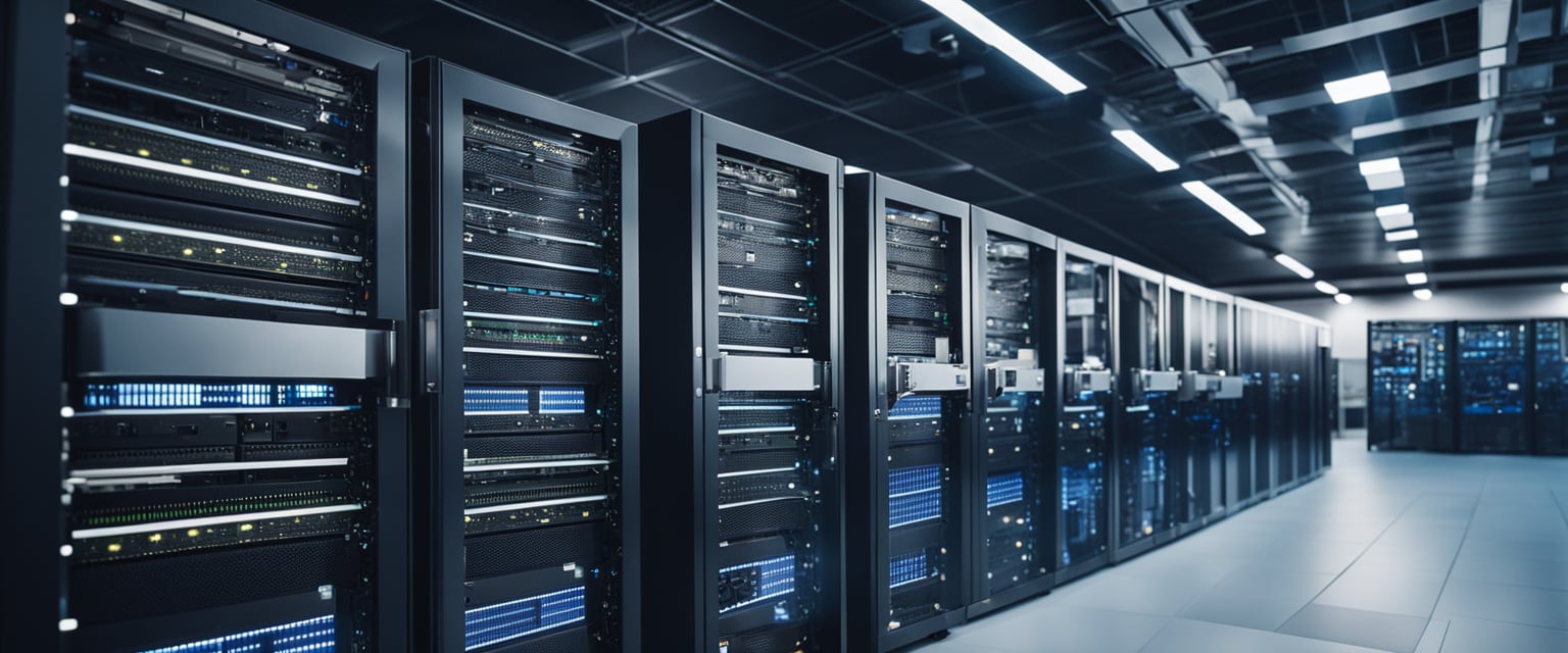 Ein eleganter, moderner Serverraum mit Reihen leistungsstarker Server, die vor Aktivität summen.