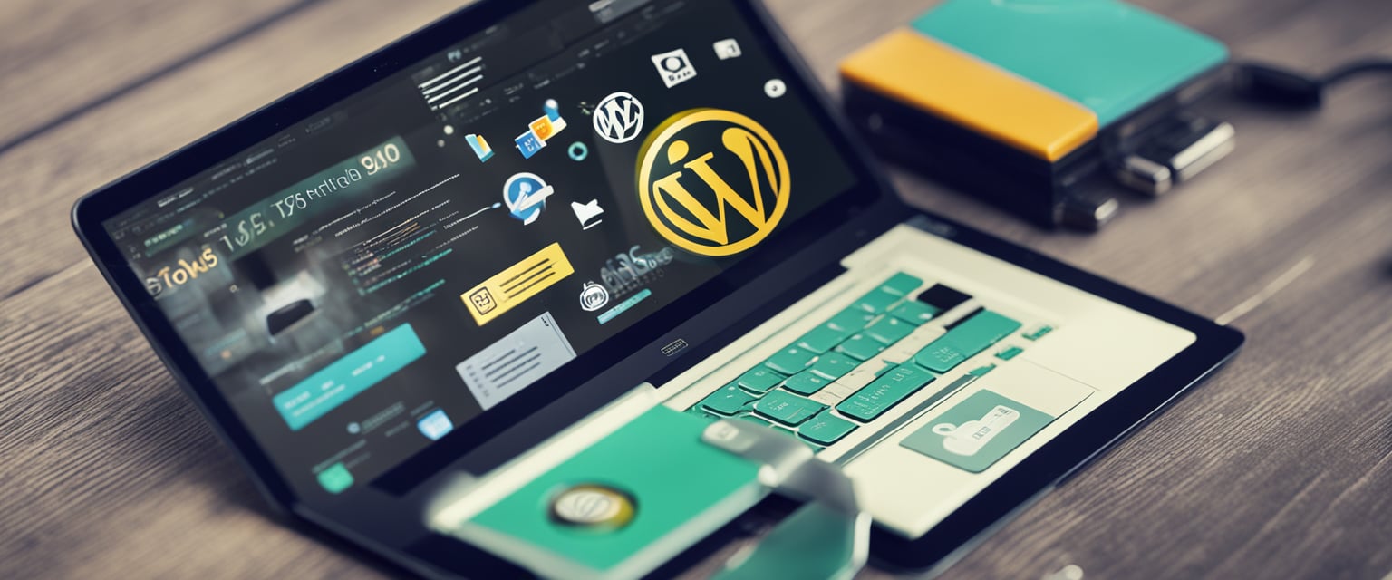 Ein Laptop, der die WordPress-Website mit einem Download-Button anzeigt, umgeben von Installationshandbüchern und einem USB-Stick.