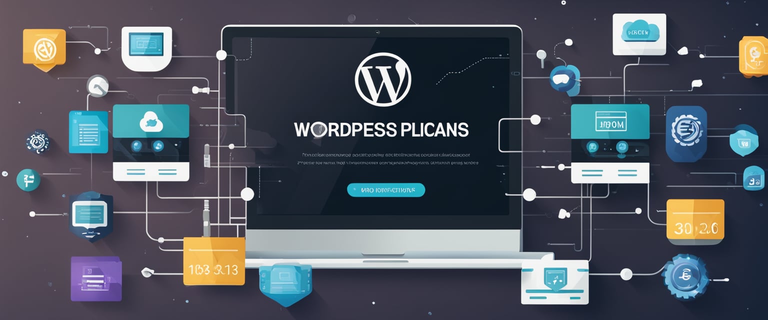 Ein Laptop, der verschiedene Hosting-Optionen für WordPress anzeigt, umgeben von Symbolen und Icons, die verschiedene Preispläne und Funktionen repräsentieren.