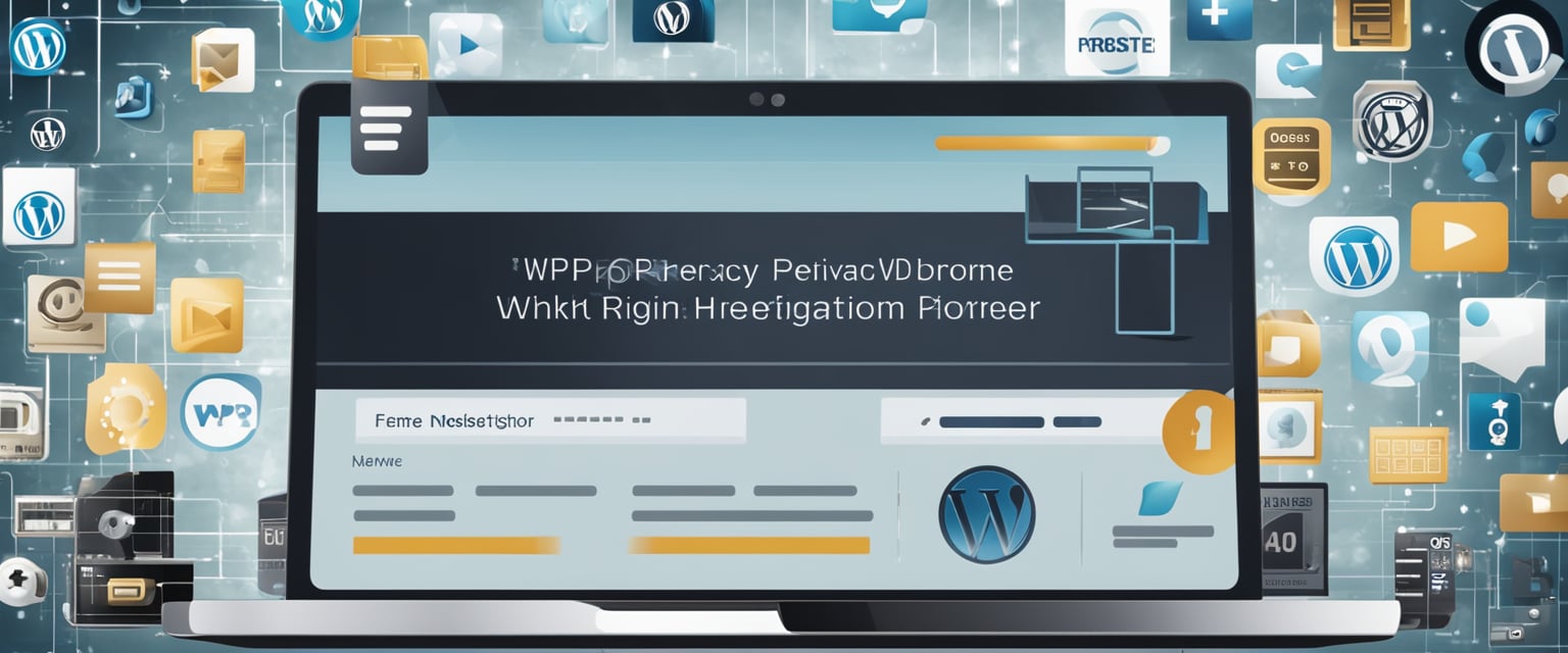Ein Laptop mit einer geöffneten WordPress-Website, umgeben von Datenschutzsymbolen und einem Formular zur Domainnamenregistrierung