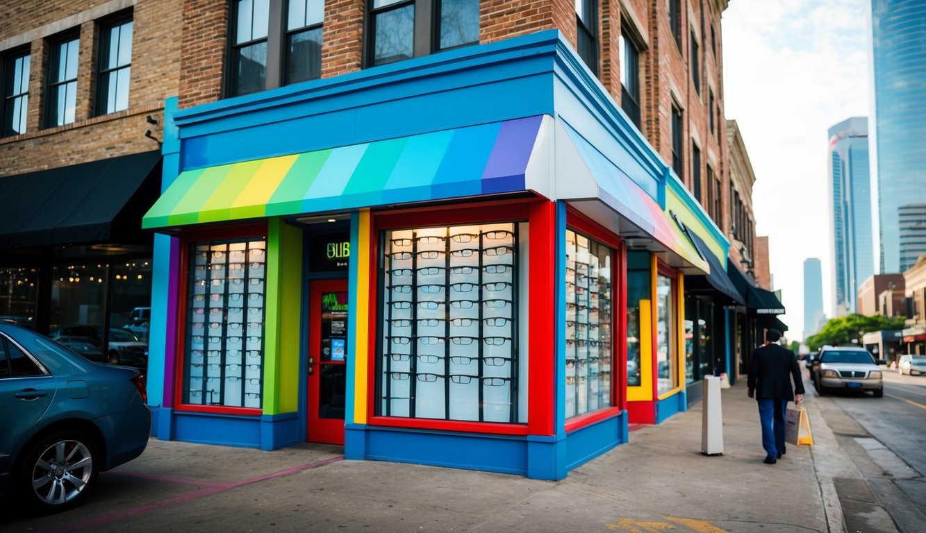 Una colorida vitrina con una gran exhibición de gafas, rodeada de bulliciosas calles de la ciudad en Dallas, Texas