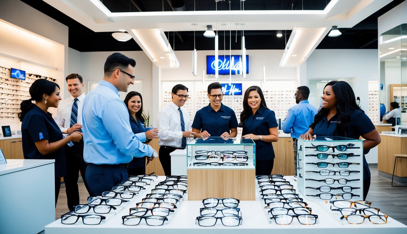 Una bulliciosa tienda de óptica en Dallas, Texas, con una variedad de gafas y monturas en exhibición, un personal amable asistiendo a los clientes y un diseño interior brillante y moderno.