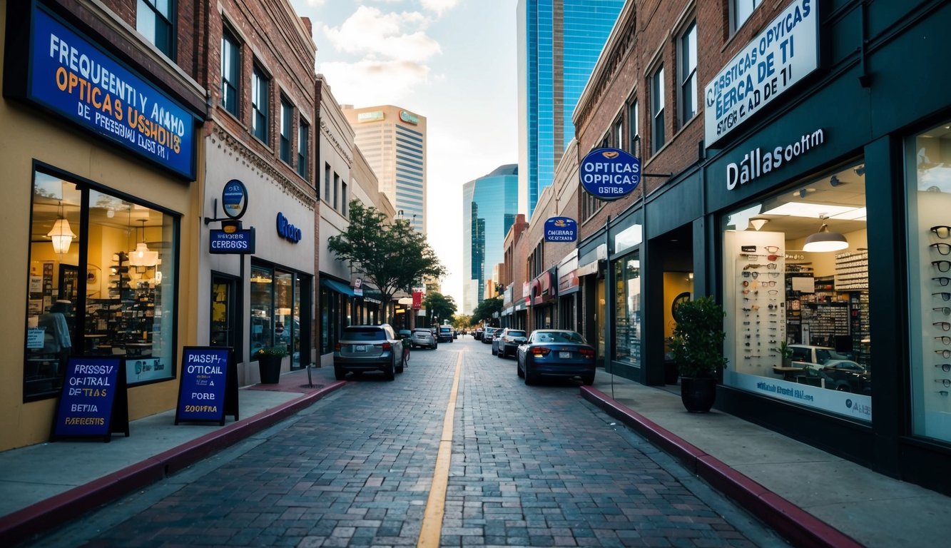 Una calle bulliciosa en Dallas, Texas, con varias tiendas ópticas y letreros que anuncian "Preguntas Frecuentes Ópticas cerca de ti" en español.