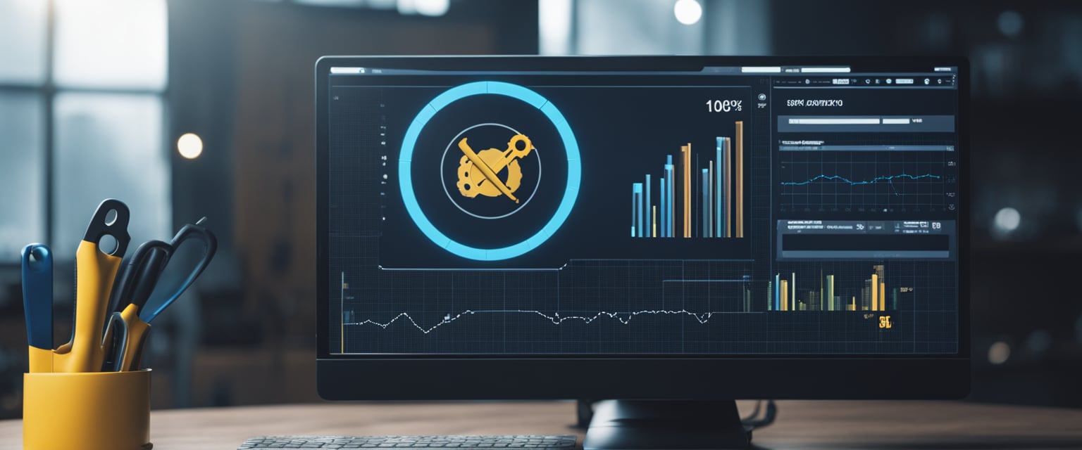 Ein Computerbildschirm, der ein Schraubenschlüssel-Symbol und eine Fortschrittsanzeige zeigt, mit einem Zahnrad und verstreuten Werkzeugen darum herum.