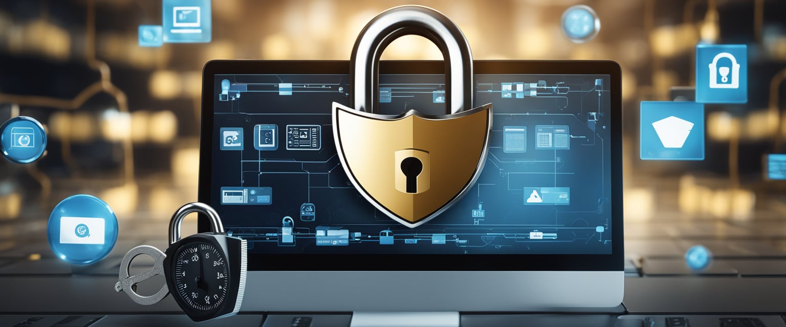 Ein Computerbildschirm mit einem Vorhängeschloss-Symbol, einem Schild und einem Schraubenschlüssel, umgeben von Sicherheitsikonen und einem Wartungswerkzeug