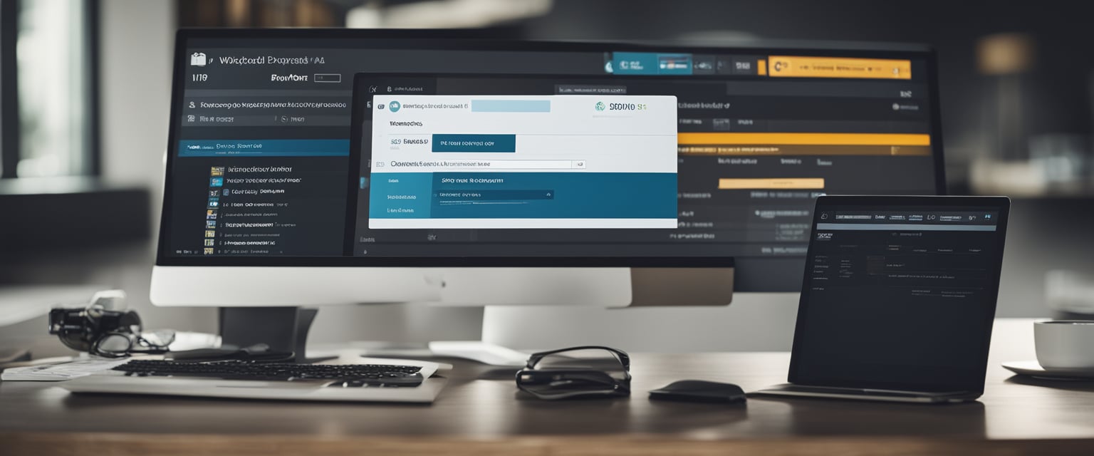 Ein Computerbildschirm mit einem geöffneten WordPress-Dashboard, einem Dialogfeld zum Hochladen von Dateien und einem nach oben zeigenden Pfeil, um die Erhöhung des Upload-Limits anzuzeigen.