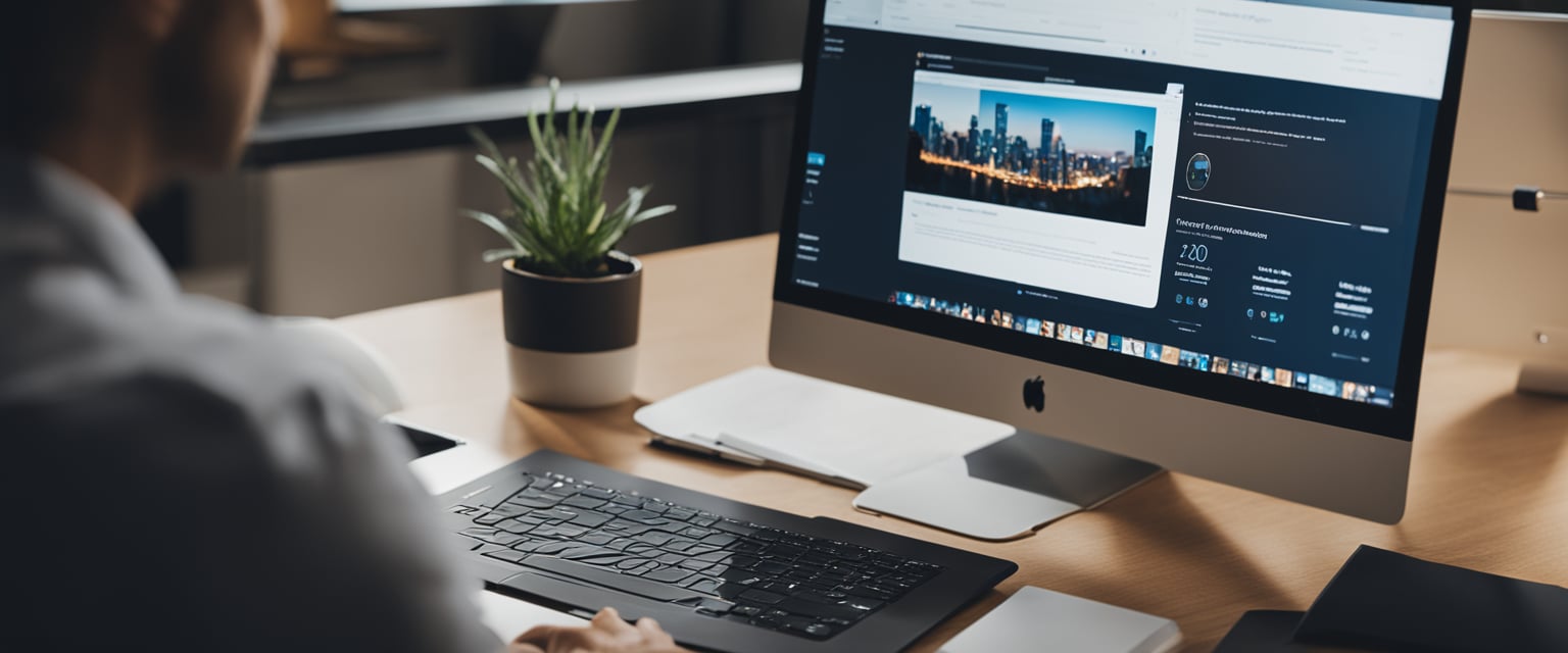 Eine Person sitzt an einem Schreibtisch mit einem Computer und lernt durch eine virtuelle Schulungssitzung über WordPress.