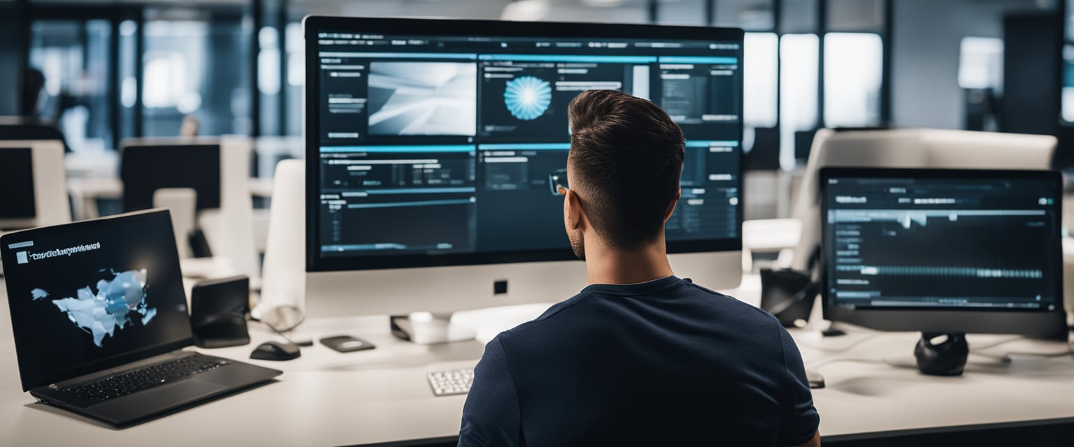 Ein Computerbildschirm, der den Einrichtungs- und Installationsprozess von WordPress anzeigt, mit einer Person, die im Hintergrund an einem WordPress-Training teilnimmt.