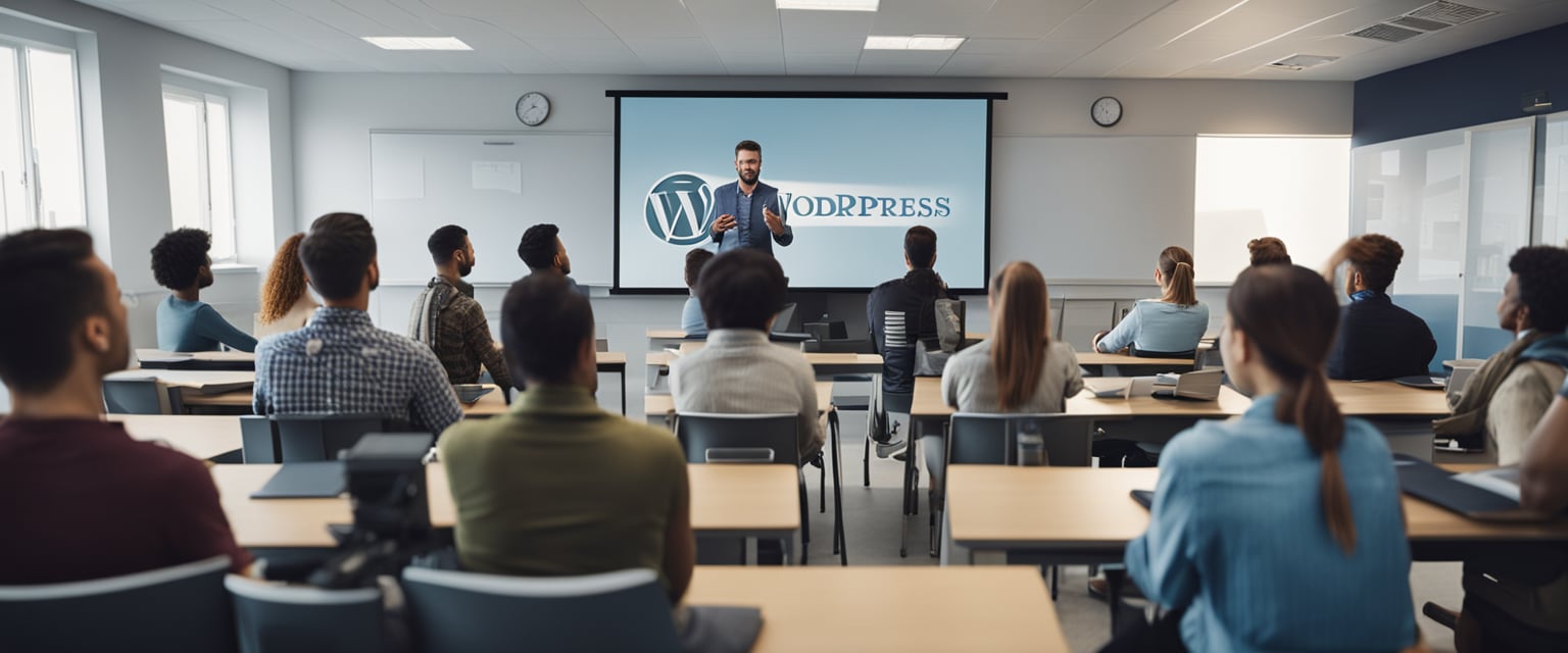 Eine Gruppe von Menschen sitzt in einem Klassenzimmer, in dem ein Projektorbildschirm das WordPress-Logo und verschiedene Design- und Themenoptionen anzeigt.