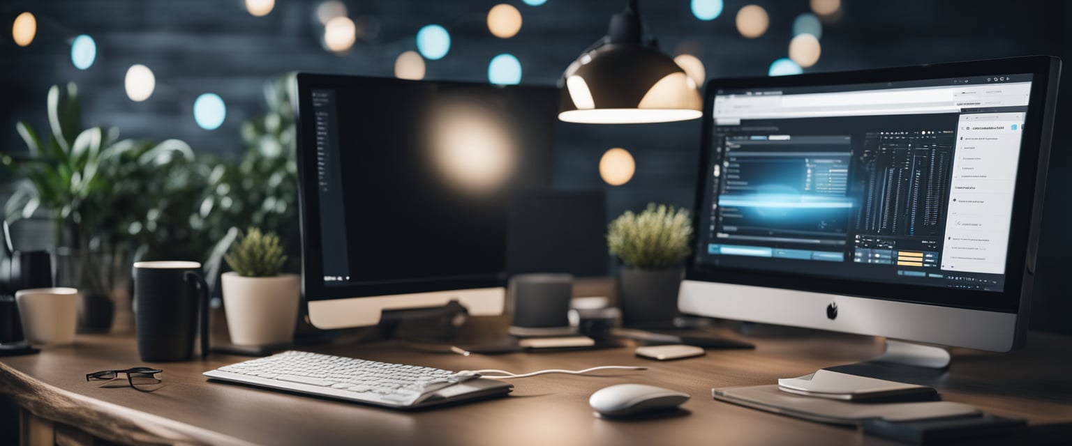 Ein Computer mit einem leeren Bildschirm, umgeben von verschiedenen Designelementen und Werkzeugen, bereit, eine WordPress-Website zu erstellen.