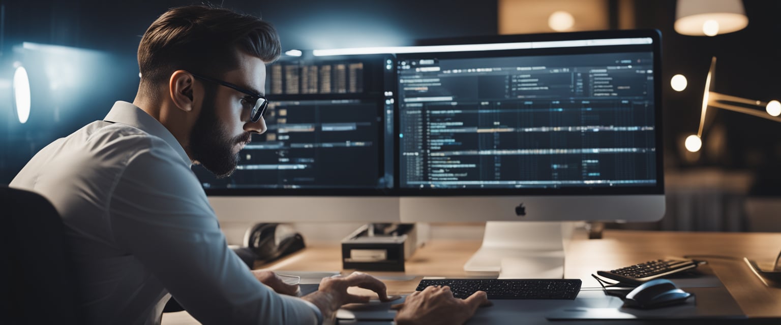 Eine Person, die einen Computer verwendet, um eine WordPress-Website zu planen und zu erstellen.