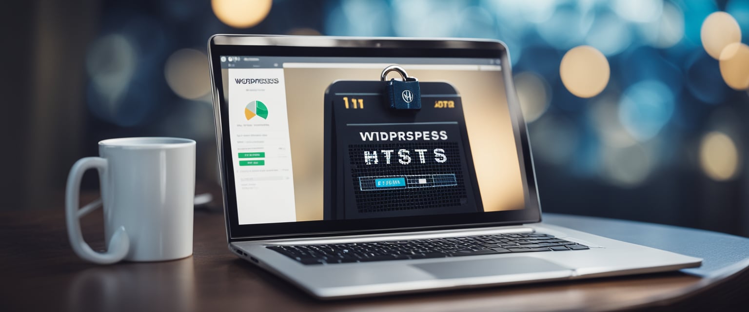 Ein Laptop, der ein WordPress-Dashboard mit einem Vorhängeschloss-Symbol und "https" in der URL-Leiste anzeigt.