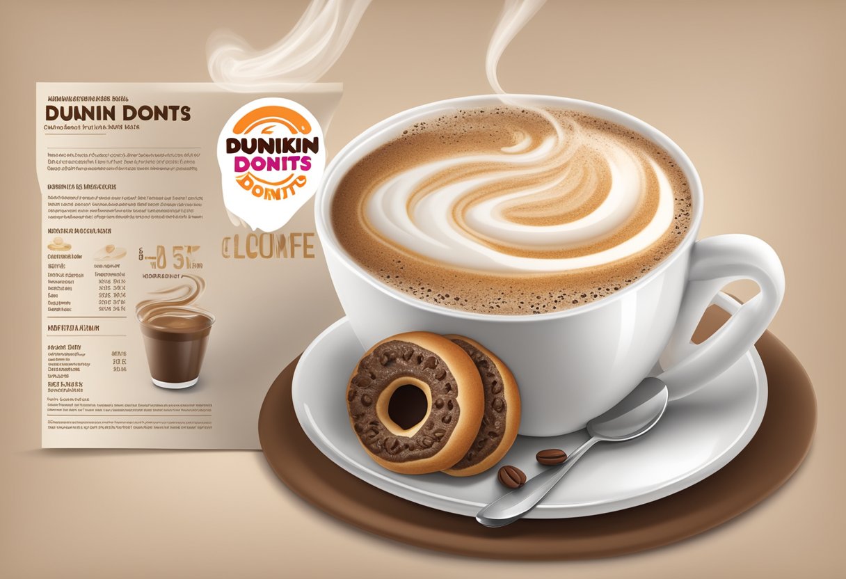 A steaming cup of Dunkin Donuts coffee with creamer swirling in, surrounded by coffee beans and a nutrition label