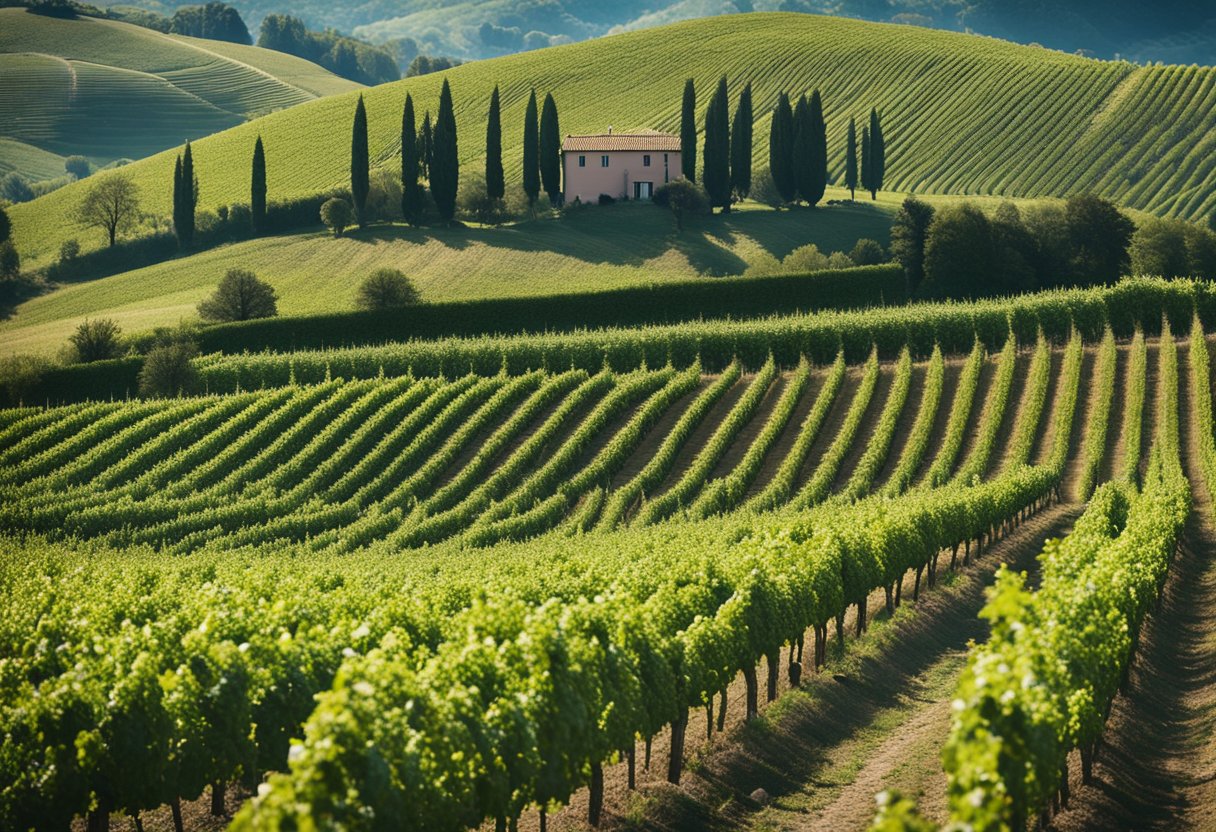 Un pittoresco vigneto in Romagna, con filari di viti che si estendono attraverso le colline ondulate sotto un cielo blu limpido