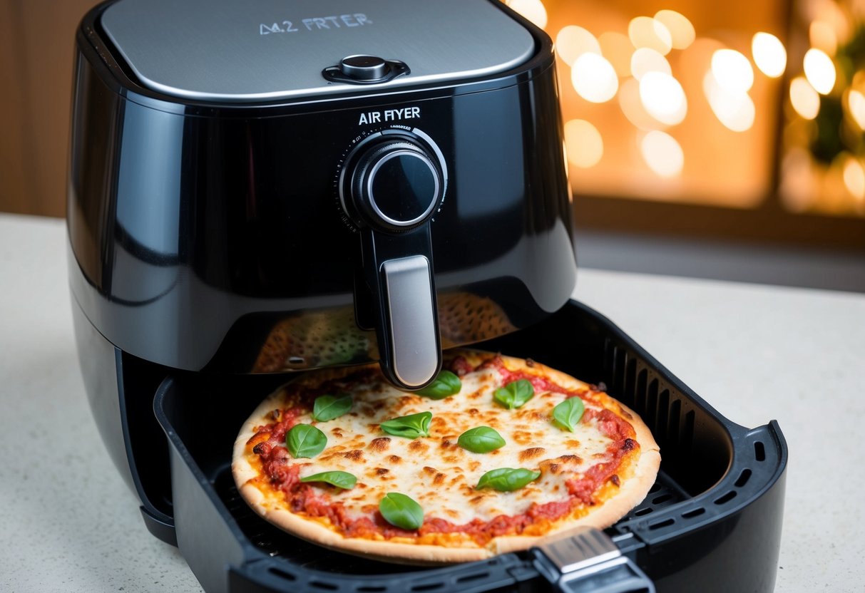 A frozen pizza being placed into an air fryer, with the air fryer's door closed and the timer being set