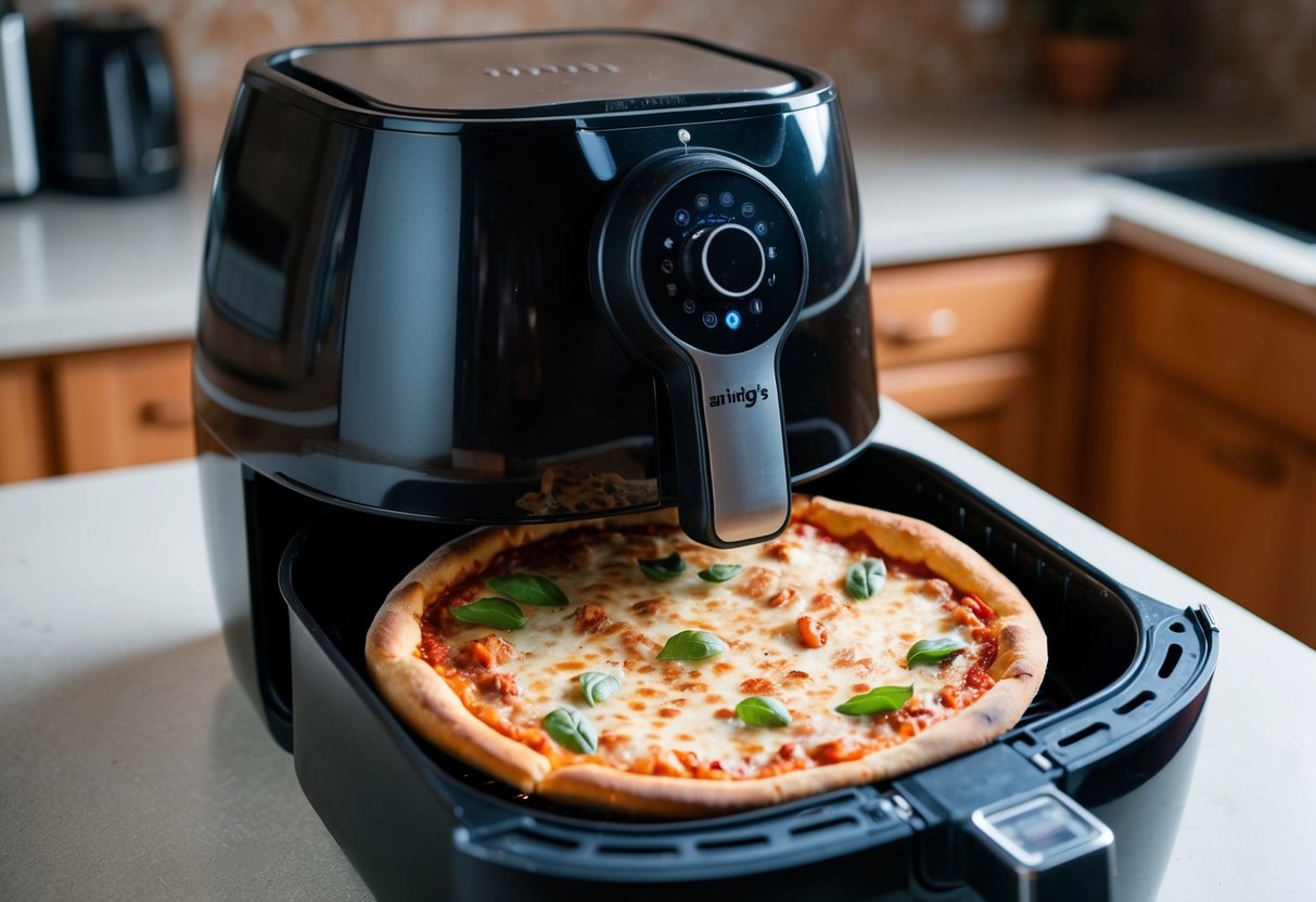 A frozen pizza being placed into an airfryer, with the airfryer's door closed and the timer set