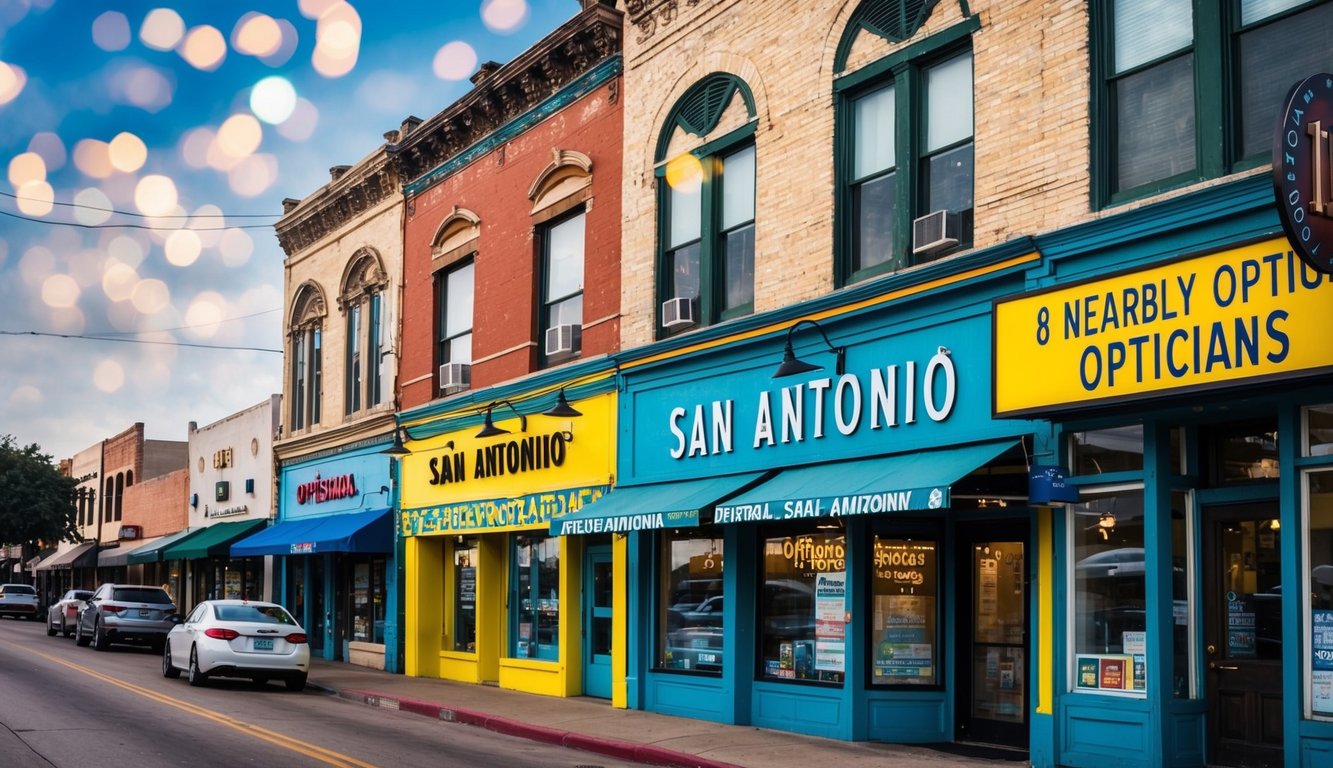 Una calle bulliciosa en San Antonio, Texas, con coloridas fachadas de tiendas y letreros de 8 ópticas cercanas.