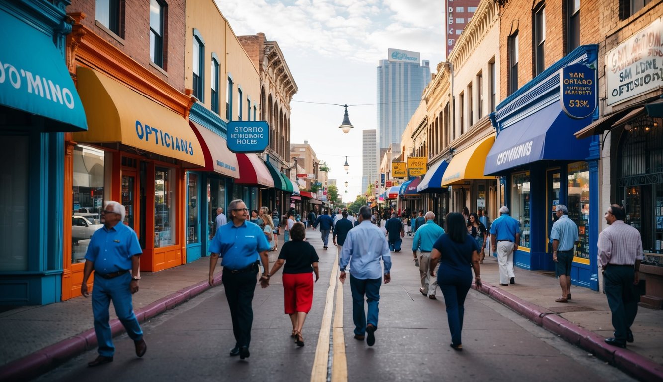 Una calle bulliciosa en San Antonio, Texas, con coloridas tiendas de ópticos y gente caminando por ahí.